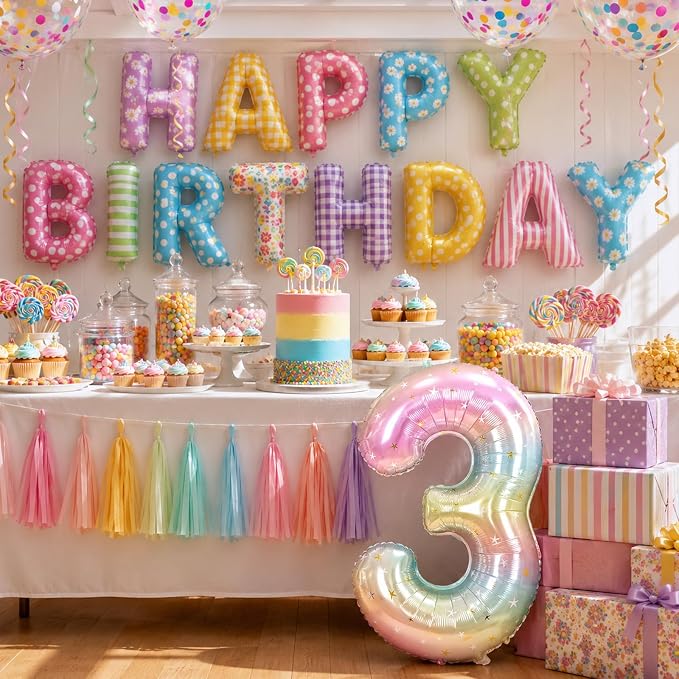 3rd Birthday Balloons for Girls, 40‘’ Foil Self Inflating Rainbow Stars Number - Image 4