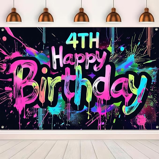 HOMETITUTE Neon 4th Birthday Party Banner 71x43 Inch Paint Splatter Walls Decor - Image 5