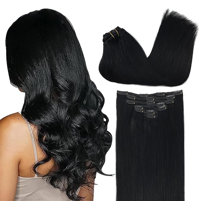 GOO GOO Clip in Hair Extensions Real Human Hair, Remy Human Hair Extensions Clip ins for Women, Natural Human Hair, 24inch 170g 7Pcs, #1 Jet Black