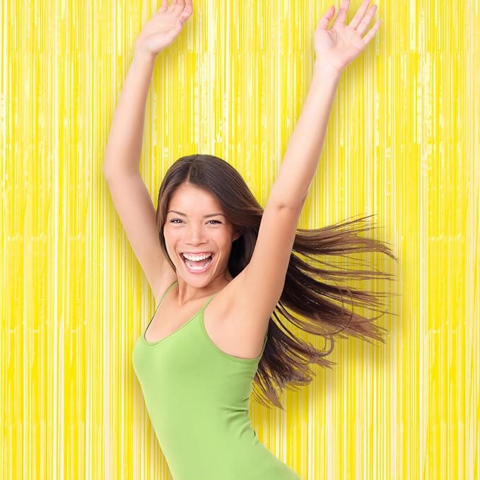 Voircoloria Pastel Yellow Foil Fringe Backdrop Curtains, 3 Pack | Tinsel - Image 7