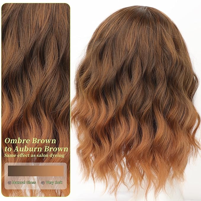 AISI HAIR Synthetic Wavy Curly Bob Wig with Bangs Ombre Brown to Auburn Brown Wig Short Hair for Women Synthetic Heat Resistant Bob Wigs