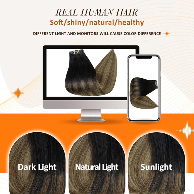 Full Shine Ombre Clip in Hair Extensions Real Human Hair 12 Inch Black to Light Brown with Honey Blonde Seamless Clip ins Invisible Remy Hair Softness 8 PCS 95 G