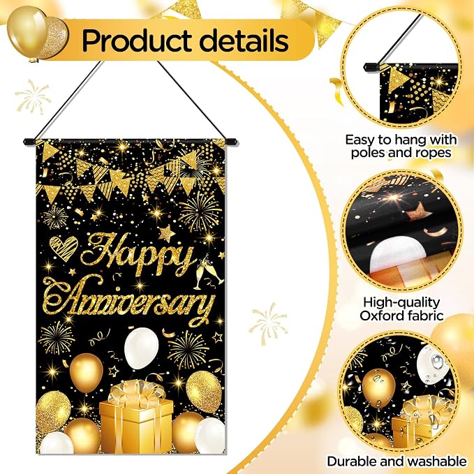 Anniversary Party Decorations Black Gold Happy Anniversary Door Banner Sign - Image 4
