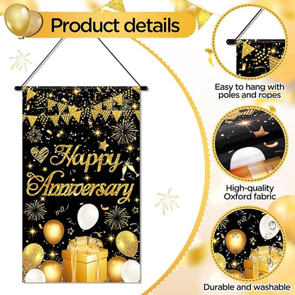 Anniversary Party Decorations Black Gold Happy Anniversary Door Banner Sign - Image 4