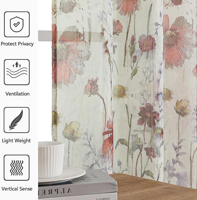 OWENIE Crushed Sheer Curtains 84 Inches Long 2 Panels Set, Sheer Floral - Image 4