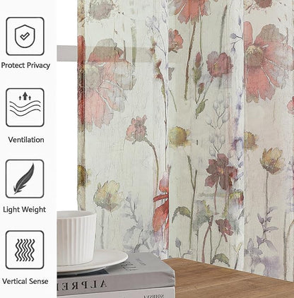 Printed Sheer Curtains 108 Inches Extra Long 2 Panels Set, Sheer Floral - Image 3