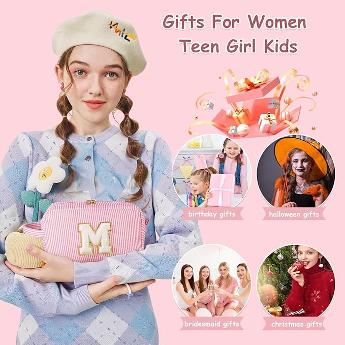 YOOLIFE Graduation Gifts for Her - Inspirational Gifts for Women, Personalized Graduation Gifts, Graduation Party Favor, Monogram Cute Initial Pink Travel Makeup Bag, Skincare for Girls 10-12 D