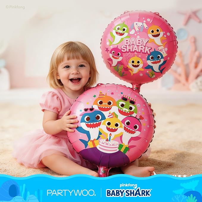PartyWoo Baby Shark Pink Foil Round Star Mylar Number 1 Balloons 5pcs | Balloons - Image 4