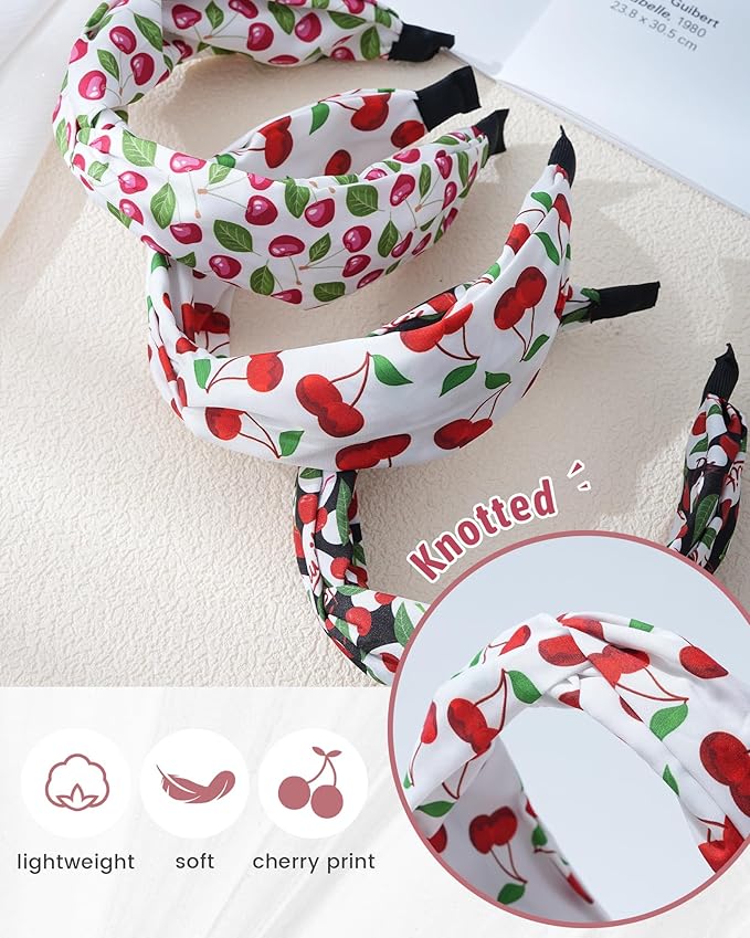 ACECHA 3 Pack Cherry Headbands for Women Girls Fashion, Bunny Ears & Knot Bow Head bands, Stretchy Soft Wide Hair Bands, Cute Hair Accessories Outfits Vacation Gifts Knot Bow B