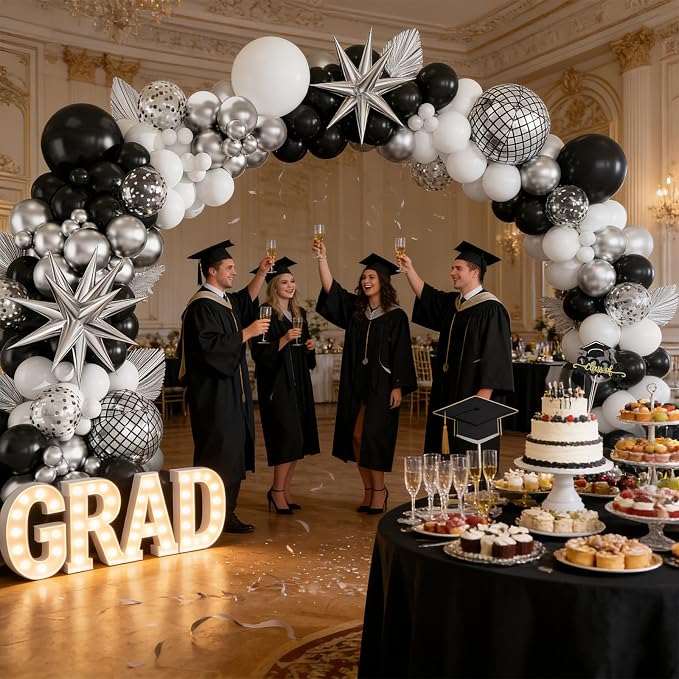 Black Silver Balloon Arch Kit 138Pcs Black White Metallic Silver Confetti Disco - Image 3