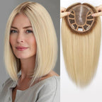 Large MONO Top Hair Toppers for Women Remy Human Hair 14 Inch 6"x7" Big Base Partial wig Cover Thinning Hair or Loss No Bangs Natural Wiglets(Light Blonde Mixed Brown)