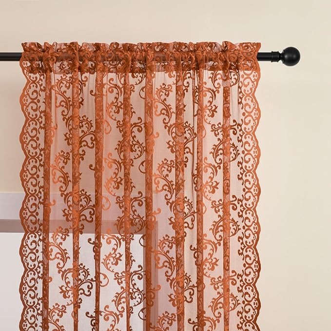 Brunt Orange Lace Curtains 63 Inch Length 2 Panels Set - Image 3
