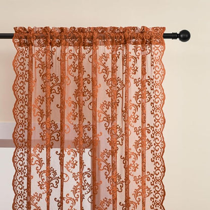 Rust Orange Lace Curtains 84 Inches Long Country Battenburg Lace Curtains - Image 3