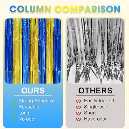 Voircoloria Blue Gold Foil Fringe Backdrop Curtains, 3 Pack | Tinsel Streamers - Image 2