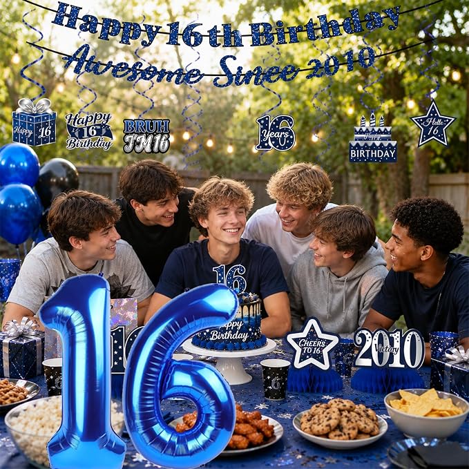 16th Birthday Decorations For Boys, Pre-Strung Navy Blue Happy 16th Birthday & - Image 8