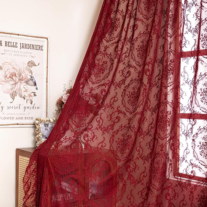 Deeprove Boho Lace Sheer Burgundy Curtains 84 Inches Long - Image 6