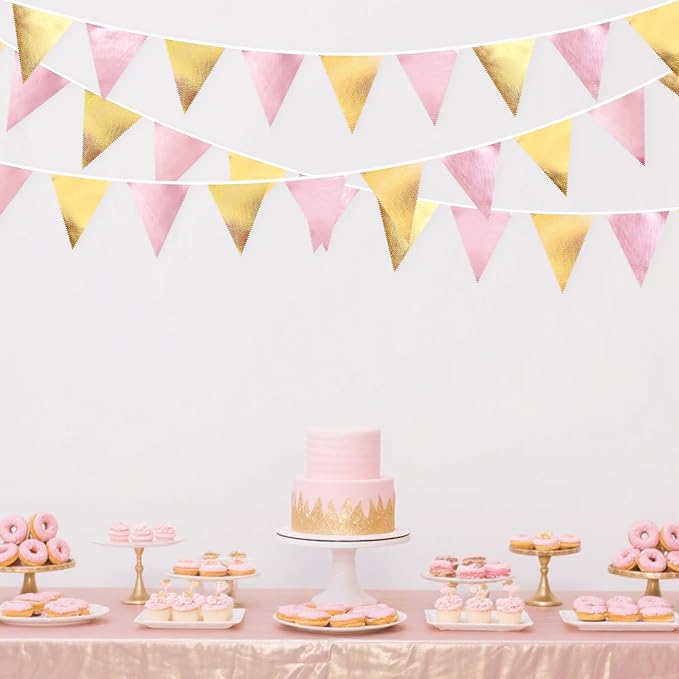 Pink Gold Party Decoration Metallic Fabric Light Pink Gold Triangle Pennant - Image 4