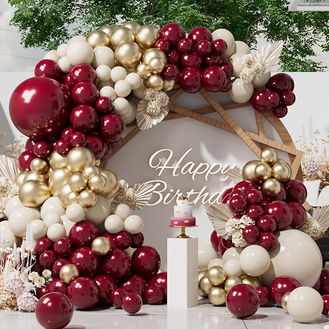 SUWEN 153Pcs Burgundy Balloon Garland Arch Kit Dark Maroon Sand White Gold | by SUWEN