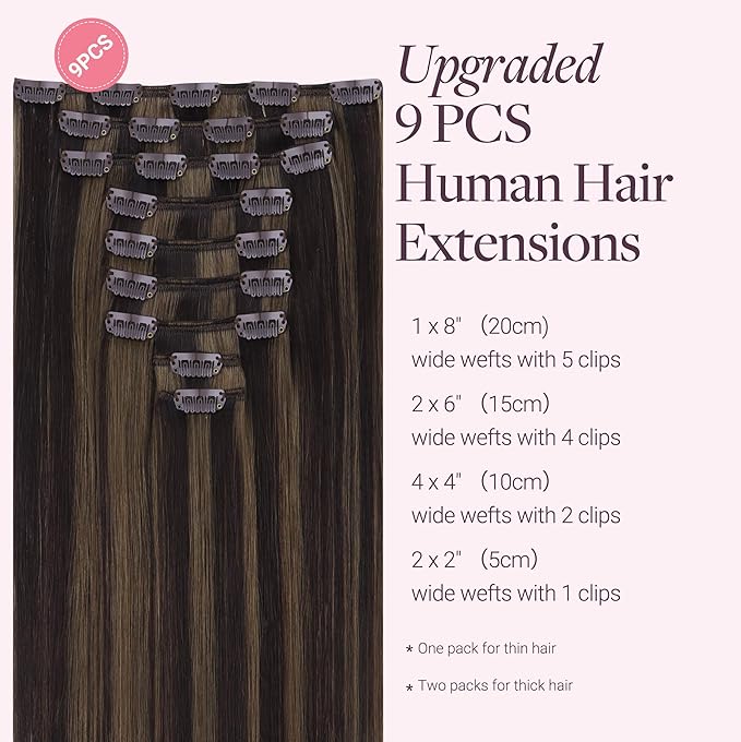 GOO GOO Clip in Hair Extensions Real Human Hair, Remy Human Hair Extensions Clip ins for Women, Natural Human Hair, 22inch 150g 9 Pcs, #2/6 Dark Brown Highlighted Chestnut Brown