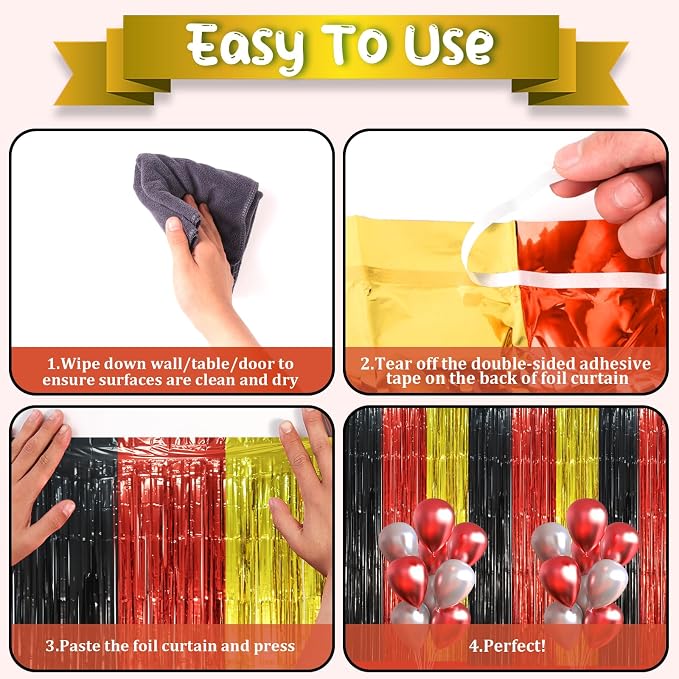 Voircoloria Red Black Gold Fringe Backdrop Curtains, 3 Pack | Tinsel Streamers - Image 3