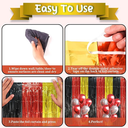 Voircoloria Red Black Gold Fringe Backdrop Curtains, 3 Pack | Tinsel Streamers - Image 3