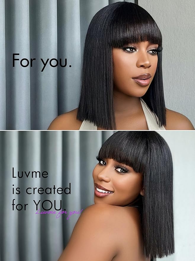 LUVME HAIR 12 Inch Light Yaki Straight Bob Wig with Bangs Human Hair Realistic HD Lace Short Black Bob Wigs, Ready to Go Blunt Cut Bob Wig Glueless 180 Density