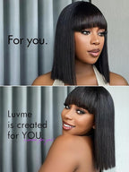 LUVME HAIR 12 Inch Light Yaki Straight Bob Wig with Bangs Human Hair Realistic HD Lace Short Black Bob Wigs, Ready to Go Blunt Cut Bob Wig Glueless 180 Density