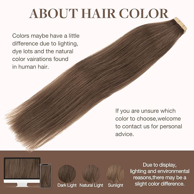 GOO GOO Tape in Hair Extensions Human Hair, 5 Light Ash Brown, 16inch 50g 20pcs, Skin Weft Seamless Invisible, Silky Straight with Thick Ends, Remy Human Hair