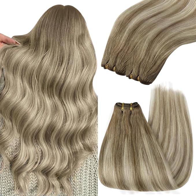 YoungSee 24Inch Hair Extensions Weft Light Brown Blonde Hand Tied Weft Hair Extensions Human Hair Balayage Light Brown Mix Platinum Blonde Sew in Extensions for Long Hair 100G