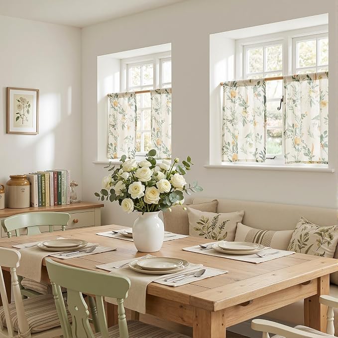 MYSKY HOME Floral Kitchen Curtains 24 Inches Linen Tier Curtains Farmhouse - Image 2