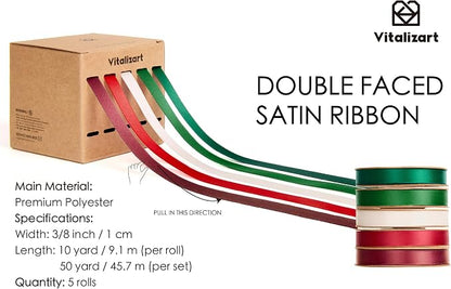 Vitalizart Green & Red Ribbons for Crafts 3/8" x 50Yds Double-Faced Satin Ribbon - Image 2