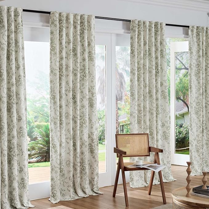 jinchan Green Floral Linen Blackout Curtains 90 Inch Back Tab 2 Panels | - Image 7