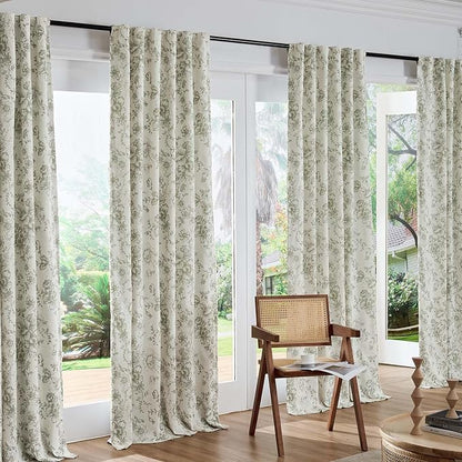 jinchan Green Floral Linen Blackout Curtains 90 Inch Back Tab 2 Panels | - Image 7