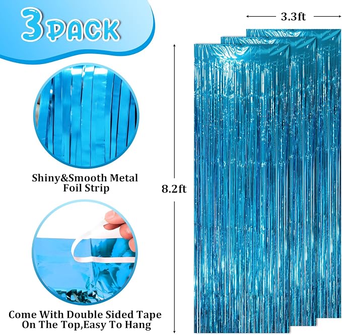 Voircoloria Retro Blue Foil Fringe Backdrop Curtains, 3 Pack | Tinsel Streamers - Image 2