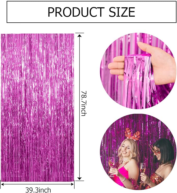 2 Pack Hot Pink Party Backdrop Birthday Decorations Tinsel Curtain Party - Image 7