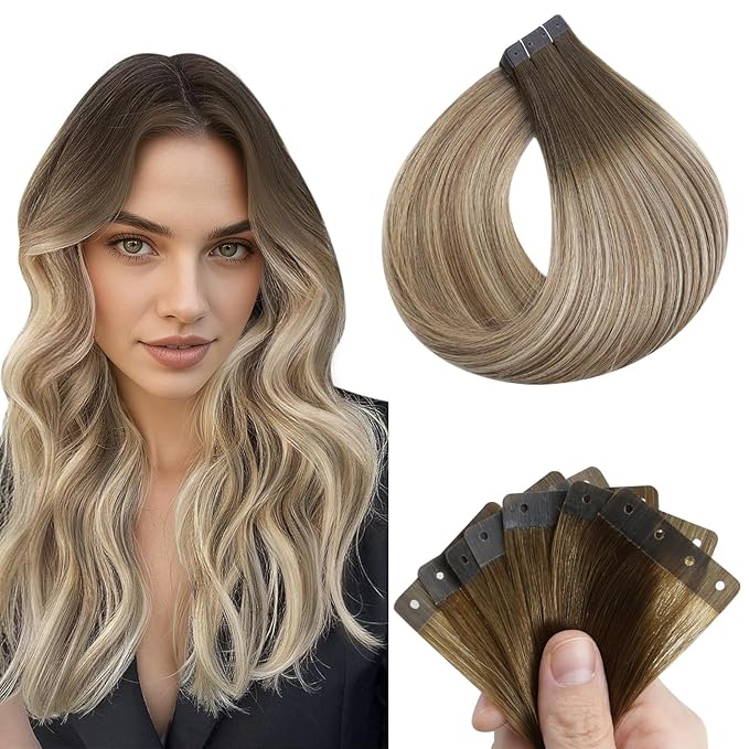 Full Shine Tape in Hair Extensions Human Hair Color 3/8/22 Dark Brown to Ash Brown and Blonde 22Inch 50G 20PCS Tape in with Holes Tape Extensions Human Hair Glueless Invisible Soft Remy