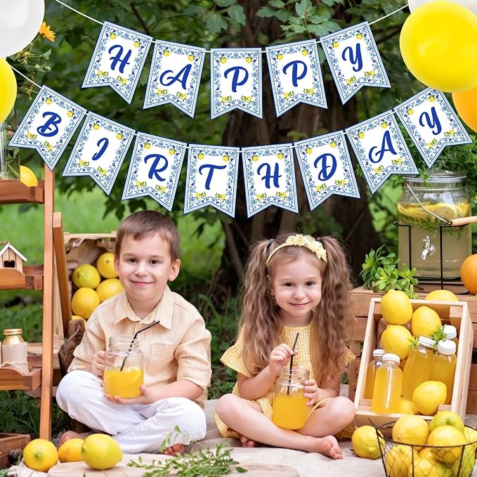 Lemon Happy Birthday Banner Blue Tiles Lemon Party Banner Triangle Flags Sign - Image 5