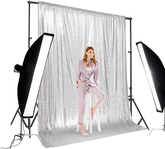 PartyDelight Silver Sequin Backdrop 10x10ft Sparkly Photo Curtain | 4 Inch Rod - Image 5