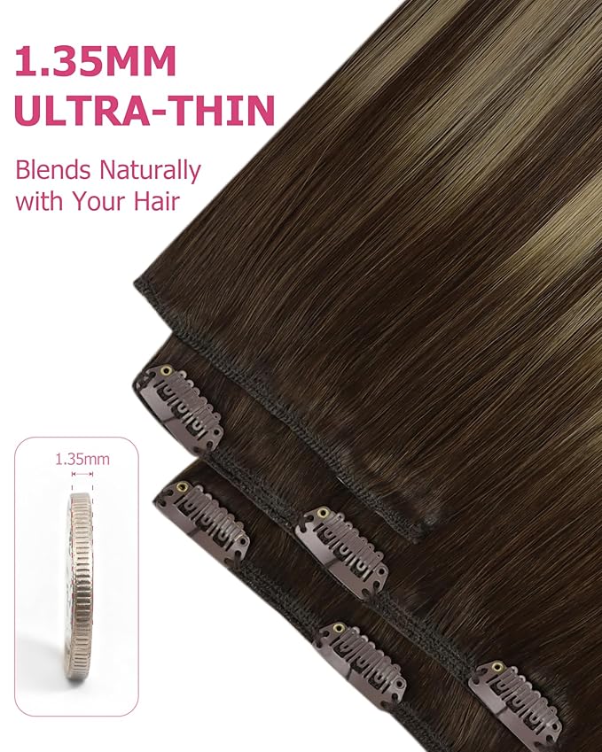 YoungSee Clip in Human Hair Extensions Balayage Brown Hair Clip in Extensions Chocolate Brown Balayage Caramel Blonde Clip Hair Extension Real Human Hair Long Straight for Women 120G 7Pcs 24Inch