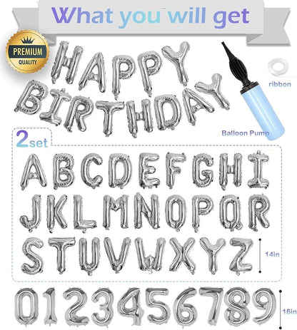 Silver Happy Birthday Balloon Banner Set -16" Foil Letters Balloons | 76pcs - Image 3