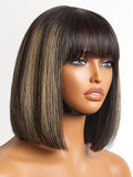 LUVME HAIR 10 Inch Blonde Highlight Bob Human Hair Wig with Bangs Glueless HD Lace Bang Wig True Scalp Ready to Go Silky Straight Highlight Human Hair Short Wig with Bangs (Breathable Cap)
