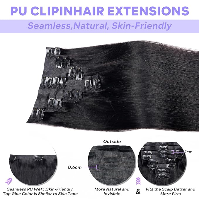 Seamless Clip in Hair Extensions Real Human Hair Straight Brazilian Virgin Human Hair Clip in Extensions for Women 8Pcs PU Clip in Remy Hair Skin Weft 18Clips 120g 26inch Natural Black