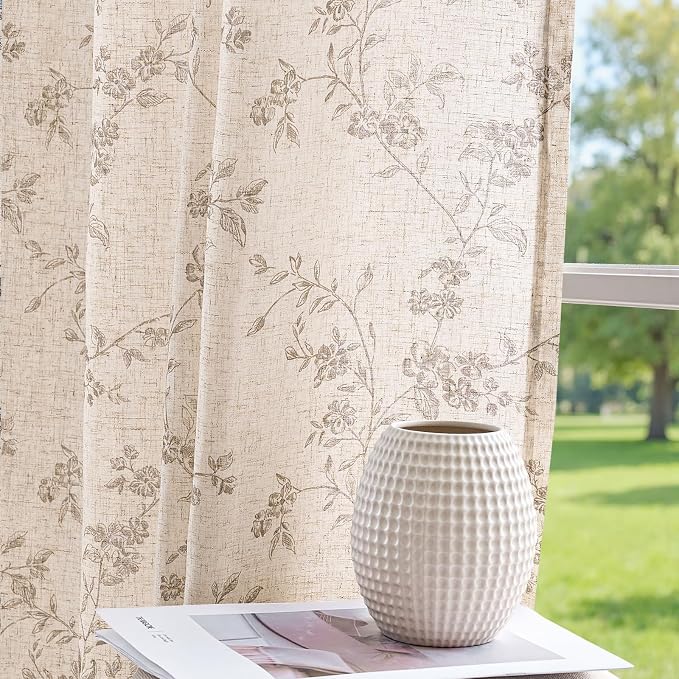 jinchan Taupe Floral Linen Curtains 108 Inch Farmhouse Back Tab 2 Panels | - Image 8