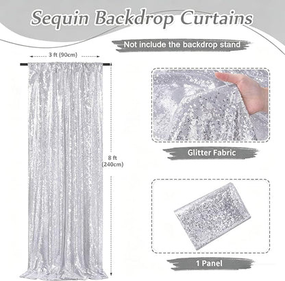 Silver Sequin Backdrop Curtains-2 Panels 3FTx8FT Silver Backdrop - Image 3