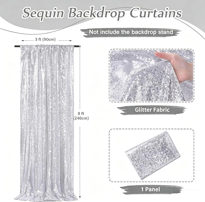 Silver Sequin Backdrop Curtains-1 Panel 3FTx8FT Silver Backdrop - Image 3