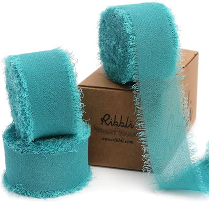 Ribbli Teal Ribbon 1 Inch x 3 Rolls Total 24 Yards Green Handmade Fringe by Ribbli