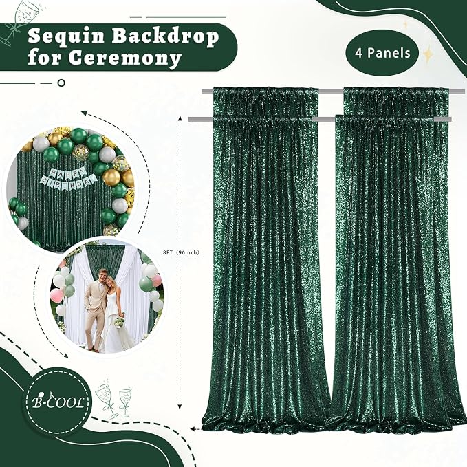 Green Sequin Backdrop Curtains 4 Pcs 2ftx8ft Glitter Shimmer Fabric | Sparkly - Image 6