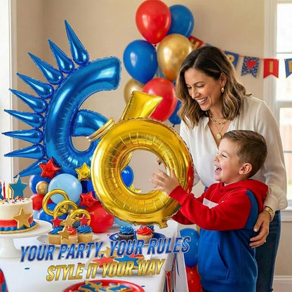 Speed Hedgehog 6th Birthday Balloon Centerpiece Set Royal Blue Red Gold Latex - Image 3