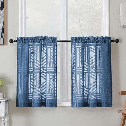 Simplebrand Semi Sheer Dusty Blue Curtains 30 Inch Length 2 Panels, Geometric by Simplebrand