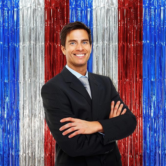 Voircoloria Blue Red Silver Foil Fringe Backdrop Curtains, 2 Pack | Tinsel - Image 6